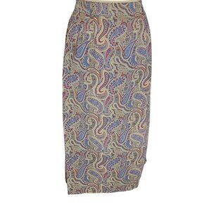 Talbots Wrap Skirt, Women 16, Vintage 90s Tan, Blue & Red Paisley, Twill, EUC